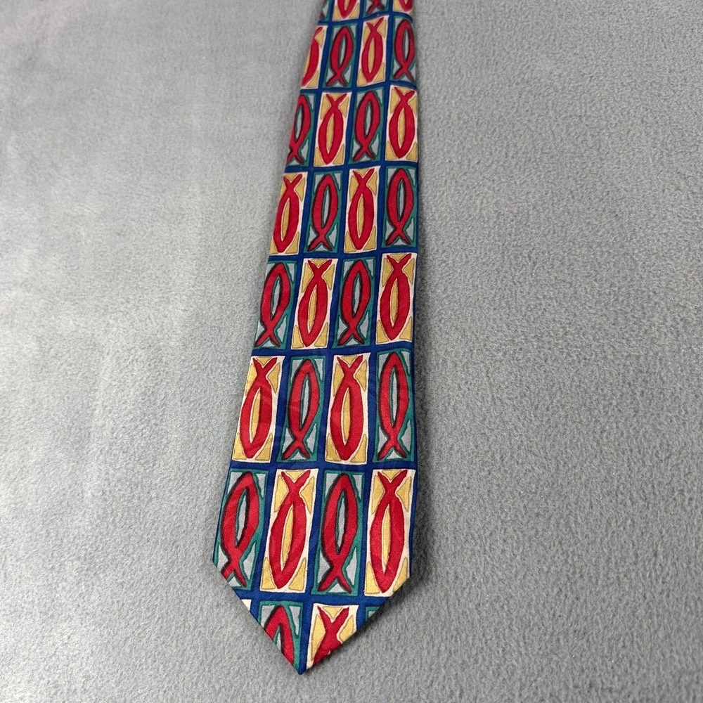 Vintage Geometric Jesus Fish Pattern Necktie Red Blue Yellow  Polyester Tie